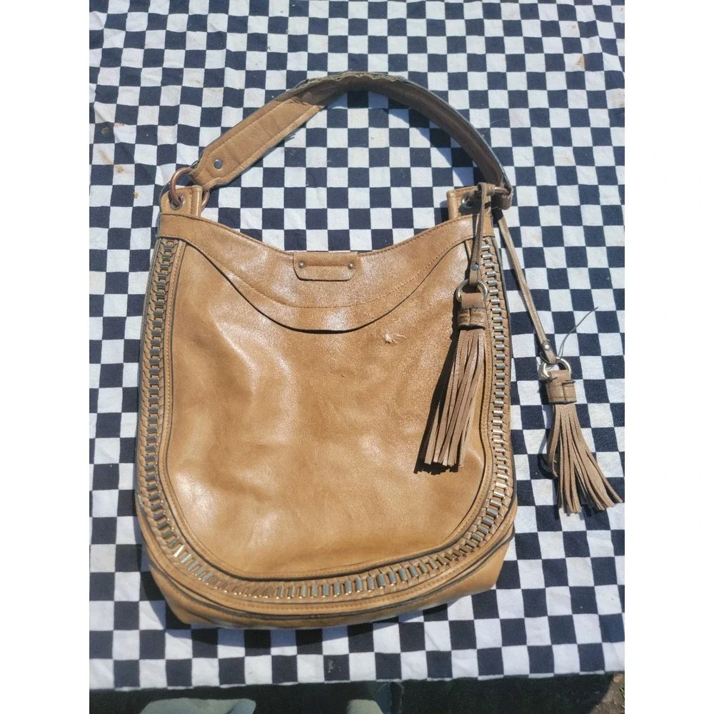 Tan Faux Leather Canvas‎ Hobo Shoulder Bag Tassel Zip Trim Distressed